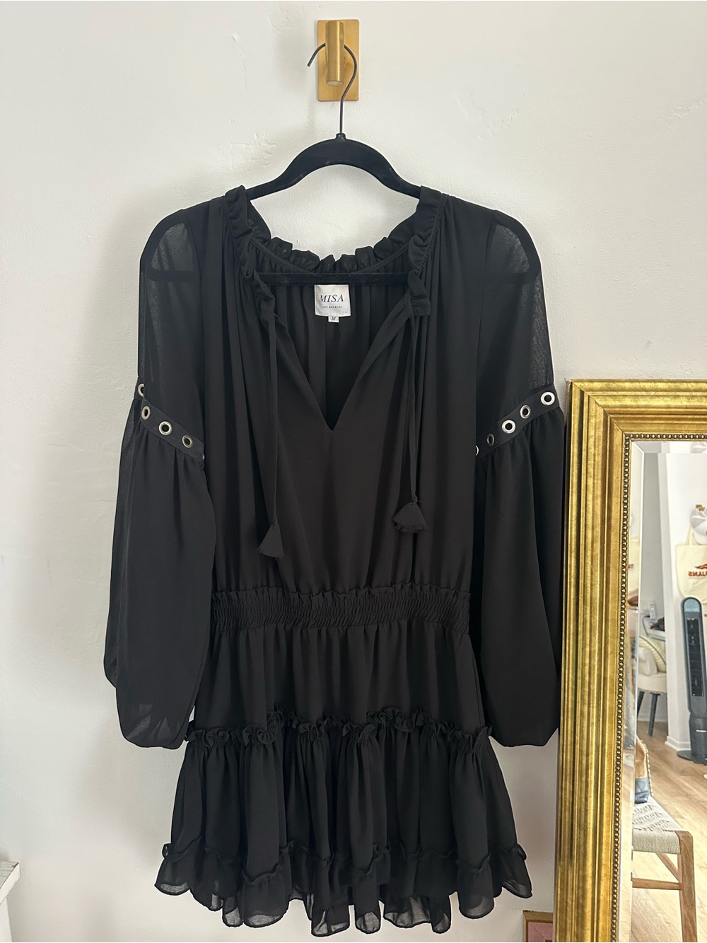 Misa Los Angeles Black Ruffle-Tiered Mini Dress with Grommet Sleeves